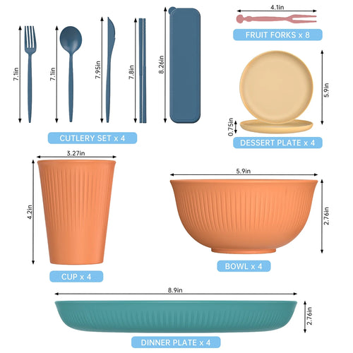48 Pcs Wheat Straw Dinnerware Sets for 4, Unbreakable Dinnerware Sets, Reusable Wheat Straw Plates and Bowls Sets, Travel Camping Cutlery Set, Dishwasher Microwave Safe Dinnerware, Colourful