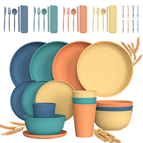 48 Pcs Wheat Straw Dinnerware Sets for 4, Unbreakable Dinnerware Sets, Reusable Wheat Straw Plates and Bowls Sets, Travel Camping Cutlery Set, Dishwasher Microwave Safe Dinnerware, Colourful